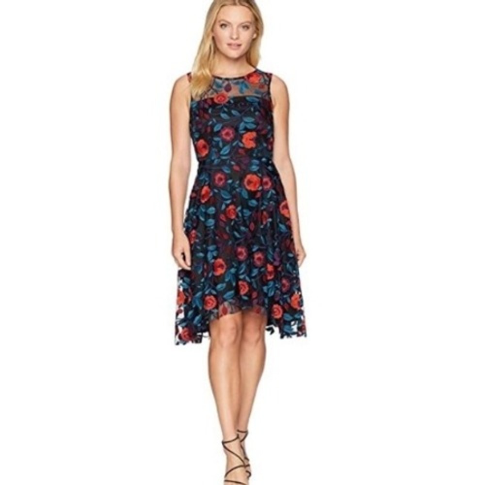 Tahari ASL Dress Black Floral Embroidered Fit &‎ Flare Elegant Mesh Cocktail 10